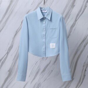 THOM BROWNE Four-Striped Cropped Denim Long-Sleeve Shirt for Women